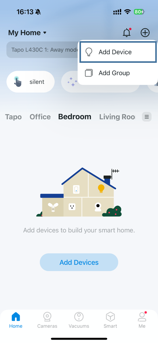 Screenshot guide for adding a device to the Tapo app.