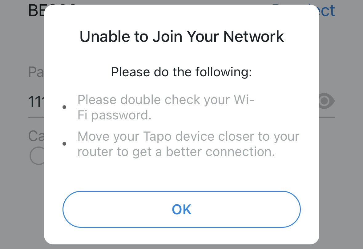 Captura de tela do aplicativo que não consegue encontrar uma rede Wi-Fi doméstica.