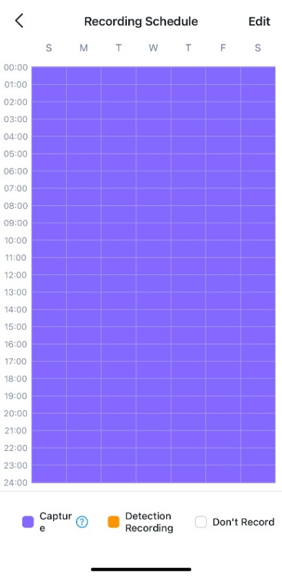 Recording Schedule updated to 24/7 capture after enabling via Tap 24/7.