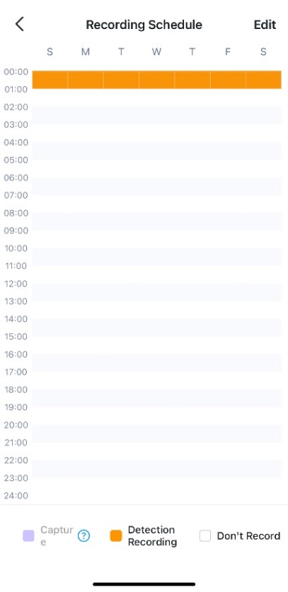 Recording Schedule previously set to motion detection from 12:00 AM to 1:00 AM daily.