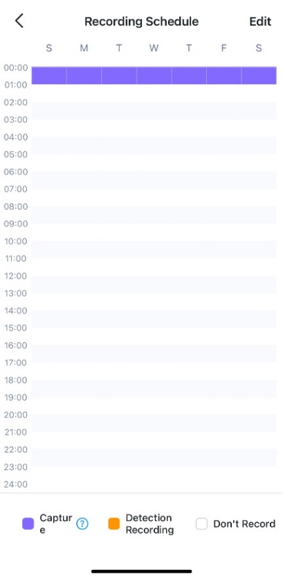 Recording Schedule changed to 24/7 capture replacing previous motion detection from 12:00 AM to 1:00 AM daily via tap Replace the current Detection Recording schedule.