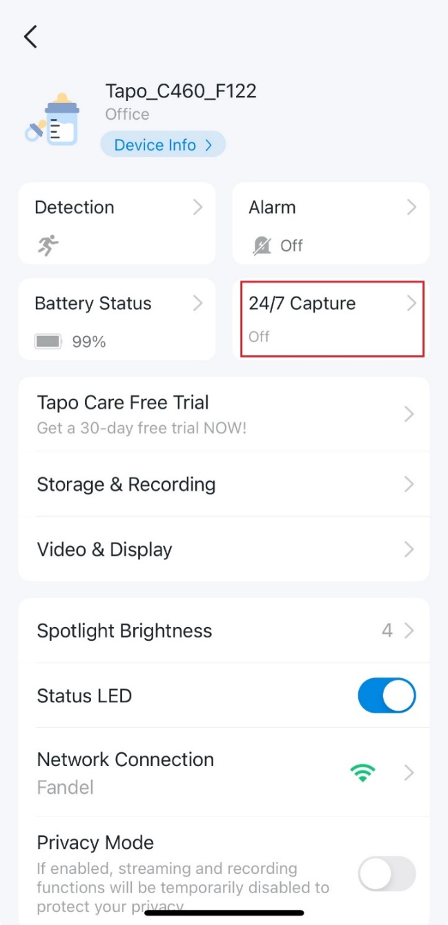 Button labeled "24/7 Capture" on the Device Settings page.