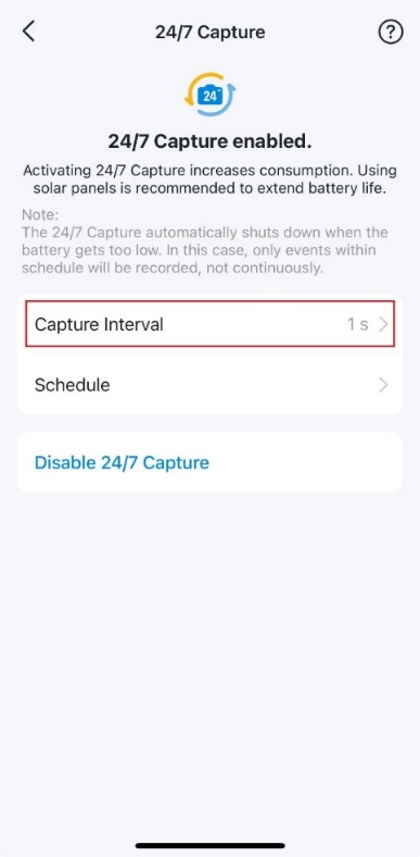 Button leading to the Capture Interval settings in 24/7 Capture Configuration.