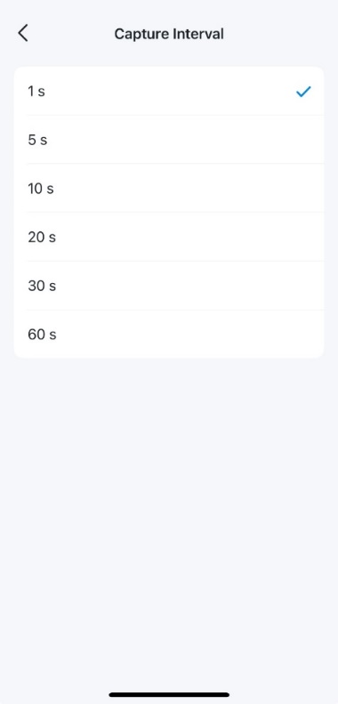 Capture Interval settings page showing 1-second interval selected.