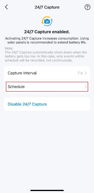 Button leading to the Recording Schedule settings in 24/7 Capture Configuration.