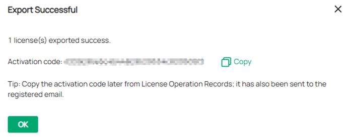 the page shows license export is successful