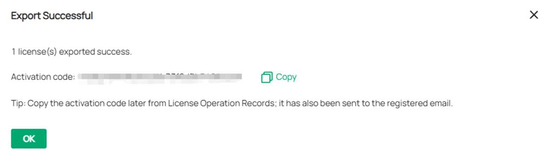 the page shows license export is successful