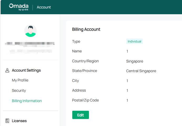the page of account settings