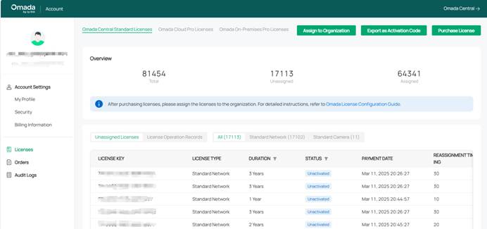 the license page that shows amount and status of licenses