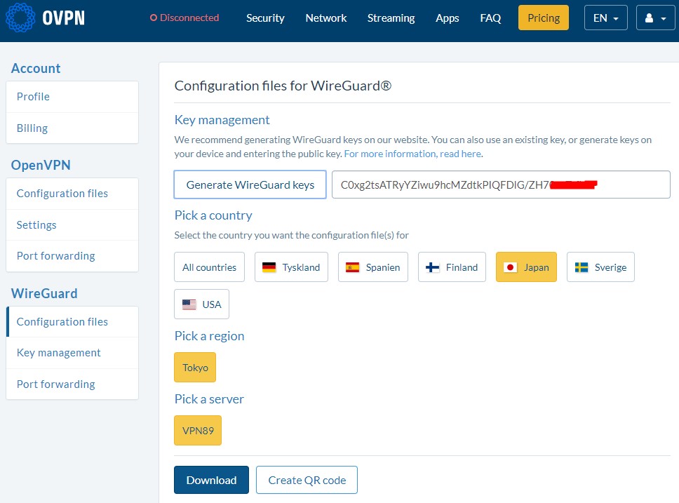 The “Configuration files for WireGuard” page for OVPN.