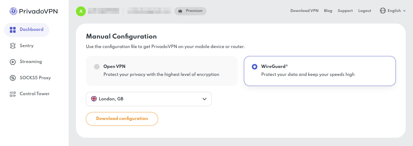 The” Manual configuration” option for PrivadoVPN.