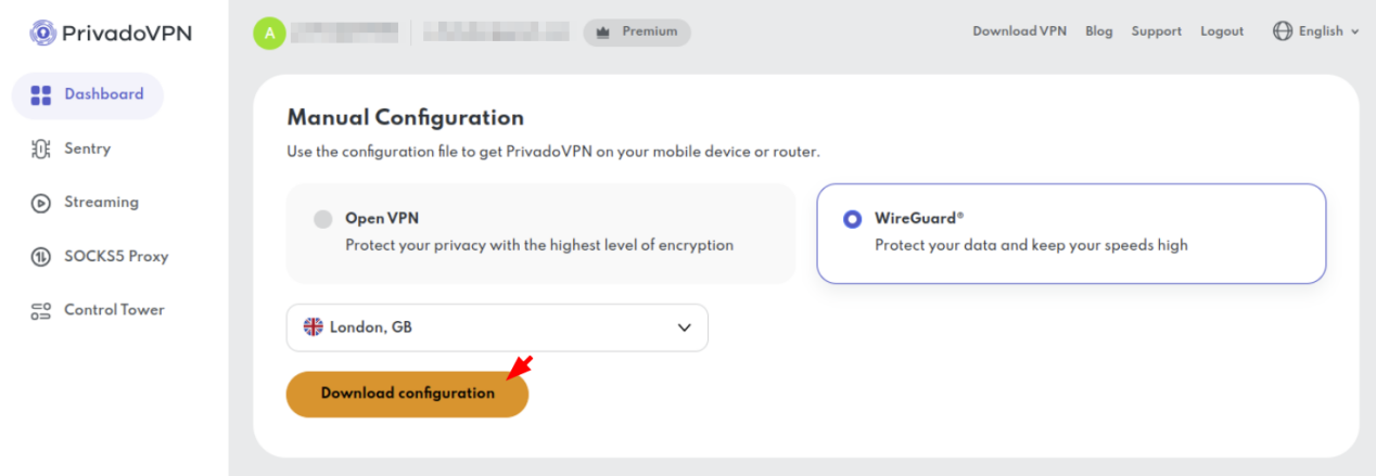 The location of the” Download configuration” button for PrivadoVPN.