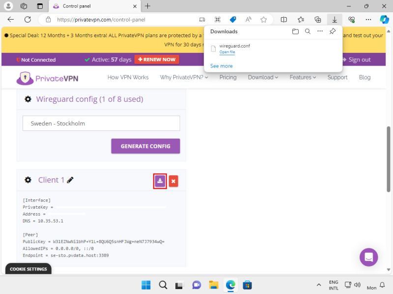 The information for the “WireGuard config” page and the location of” download” button for PrivateVPN.