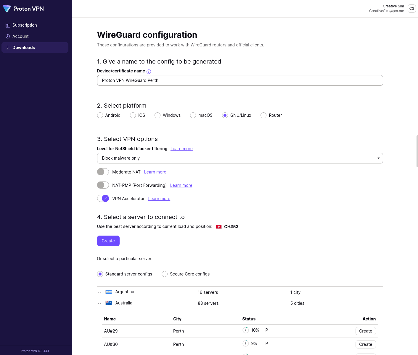 The “WireGuard configuration” page for Proton VPN.