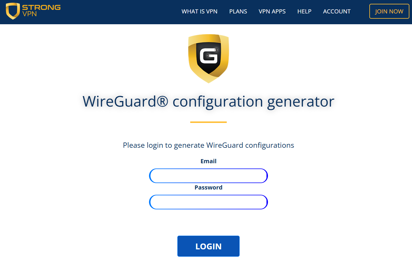 Login page of your StrongVPN Wireguard configuration generator account portal.