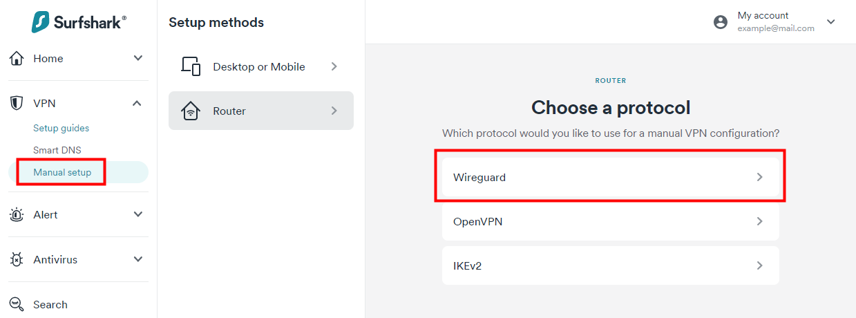 The section for the “WireGuard configuration” of Surfshark.