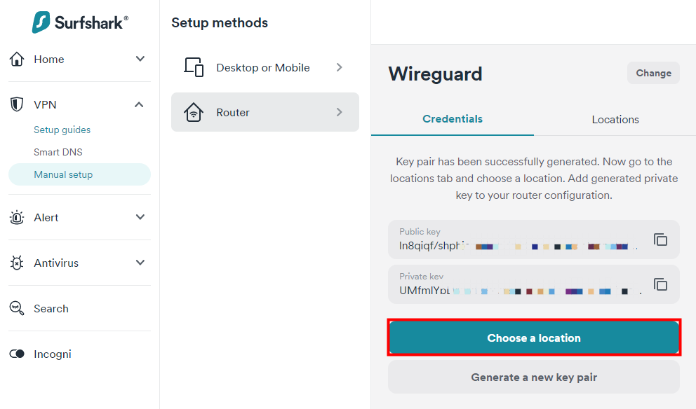 The section for the “Choose a location” of Surfshark.
