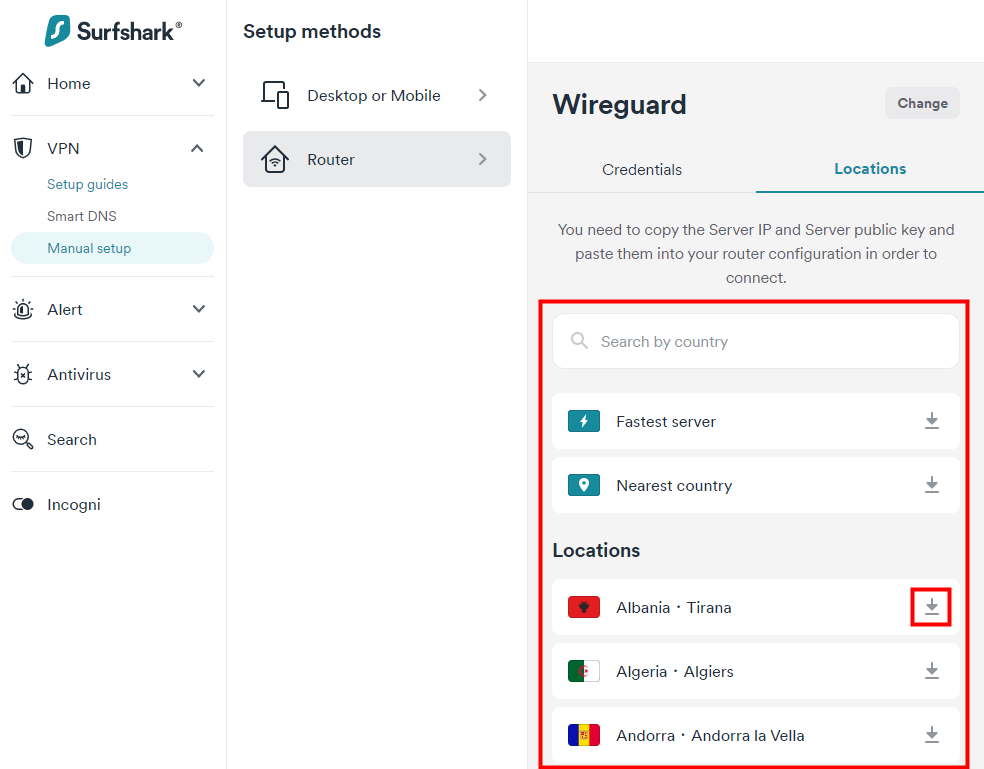 The location for the “download” button of Surfshark.