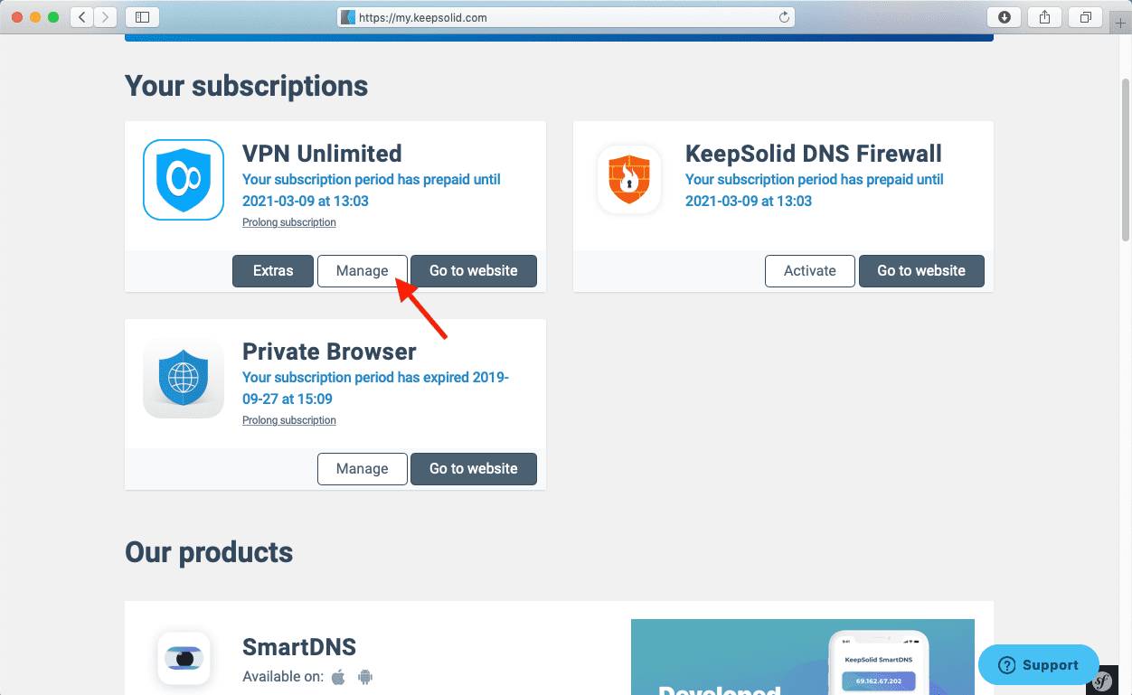 The section for the “Manage VPN Unlimited” option.