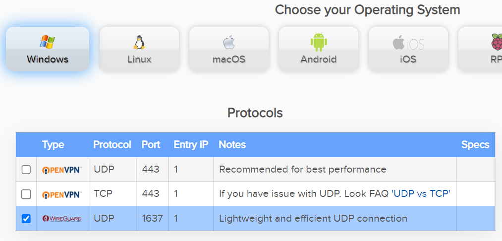 The Protocols section on the Config Generator page for AirVPN, with WireGuard selected as the protocol.