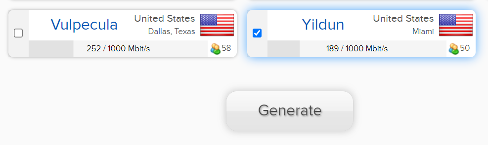 The bottom section of the Config Generator page, where a server is selected and the 'Generate' button is clicked to download the WireGuard configuration file.