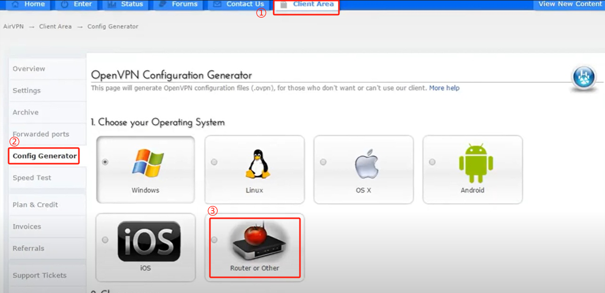 Choose operating system for AirVPN.