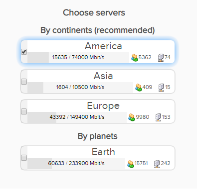 The choose servers page of AirVPN.