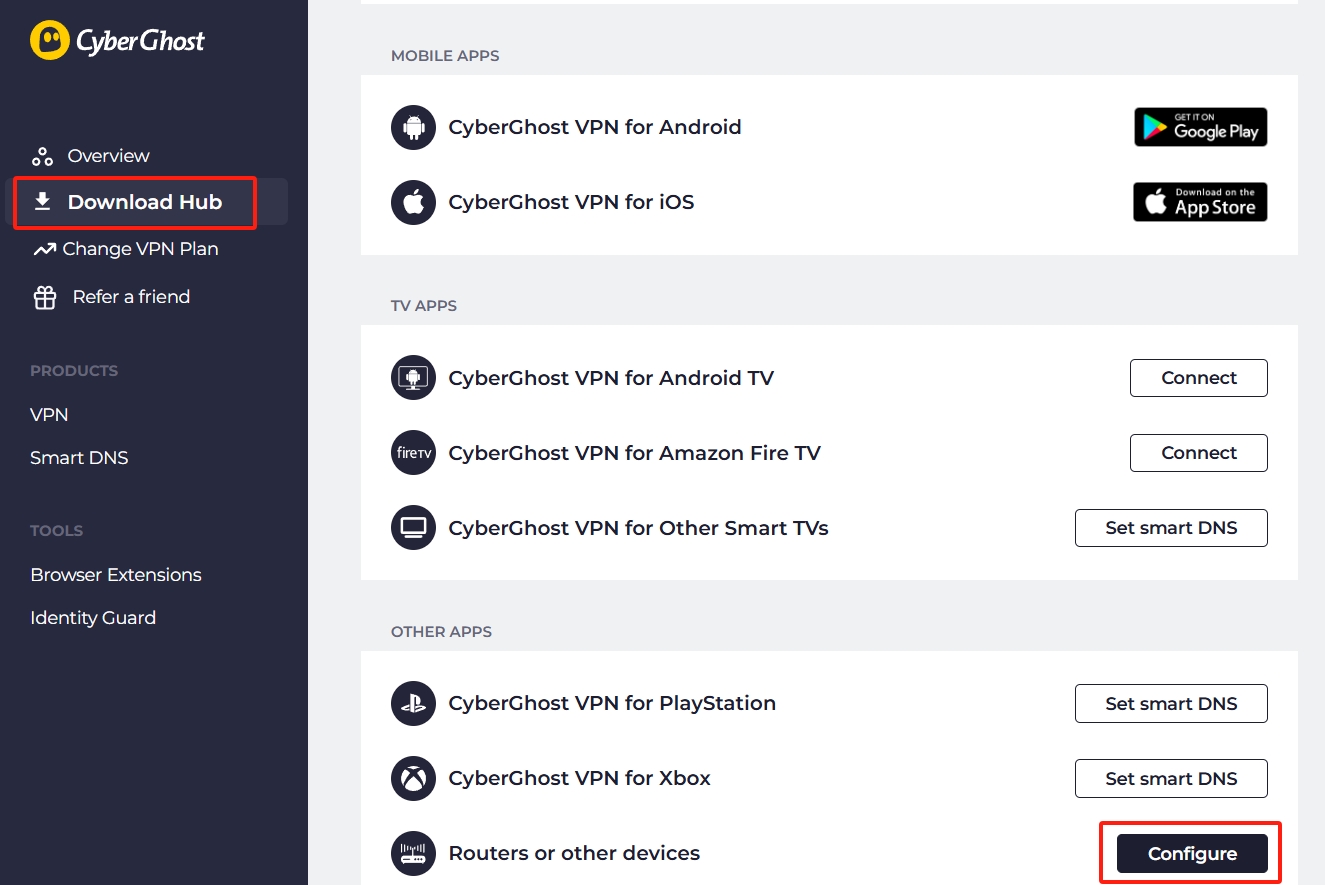 The VPN “configure” location of Cyberghost.