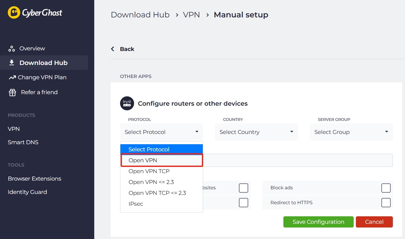 Choose Open VPN protocol for Cyberghost.