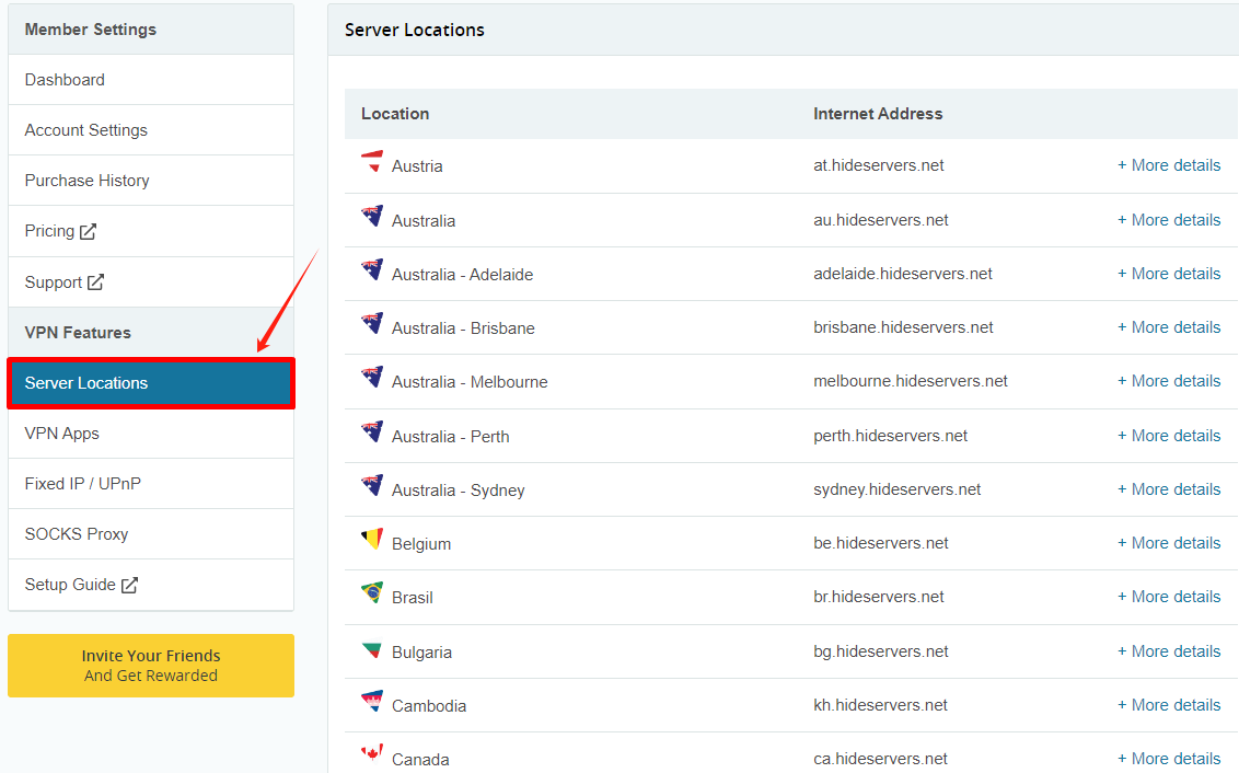Choose server Location for Hide.me VPN.