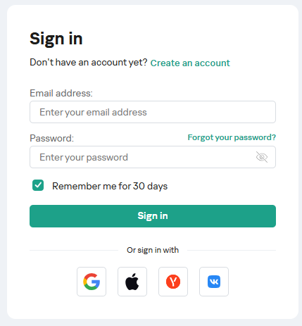 The login page of Kaspersky VPN.
