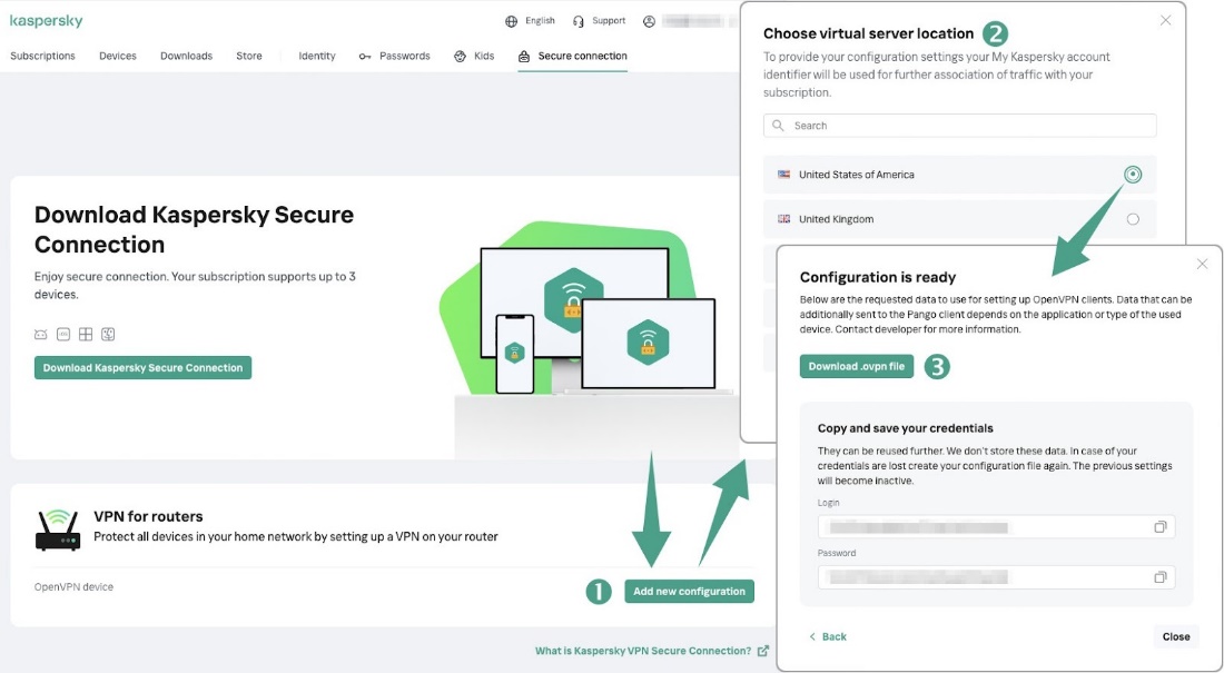 How to download the configuration file on the account portal of Kaspersky VPN.