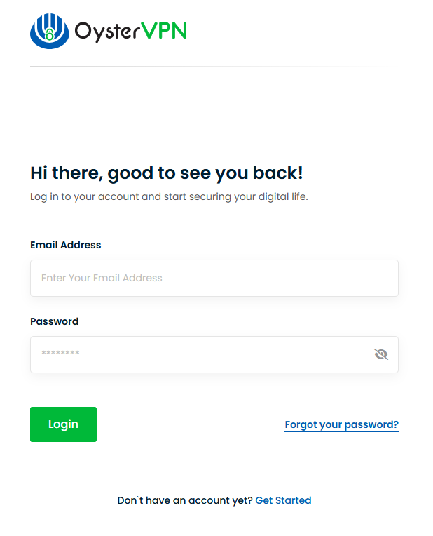 The login page of OysterVPN.