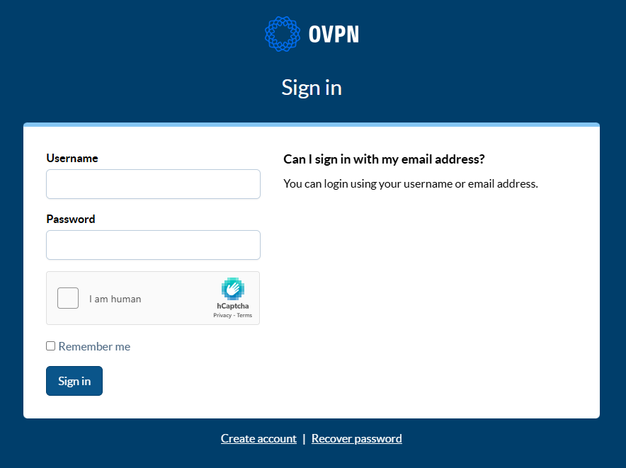 The login page of OVPN.