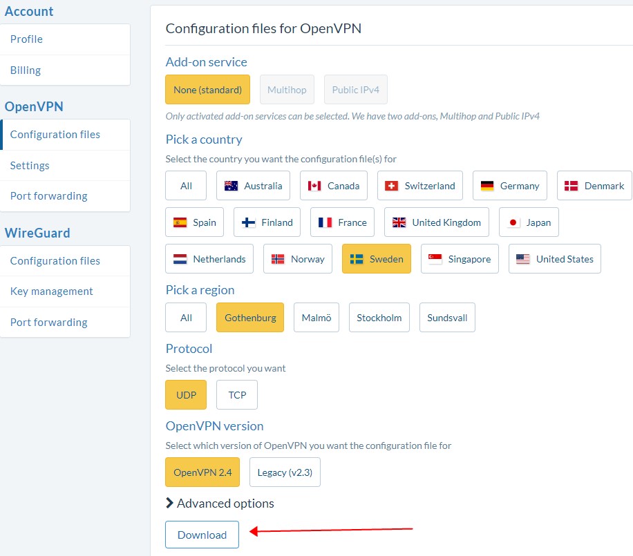 How to generate the openvpn configuration file on the account portal of OVPN.