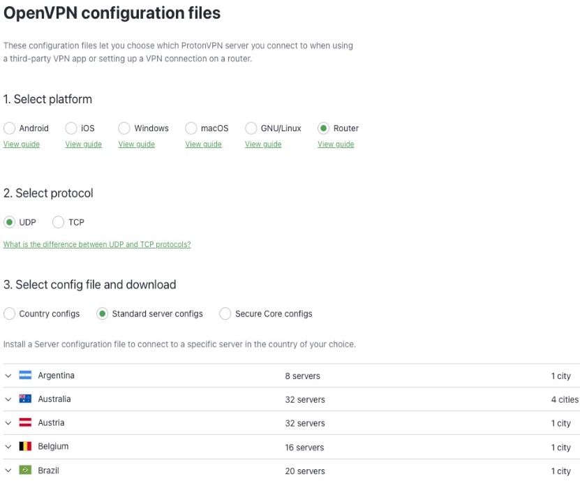 The VPN configuration page of Proton VPN.