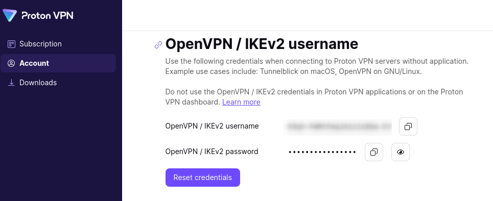 The VPN Account Information page of Proton VPN.