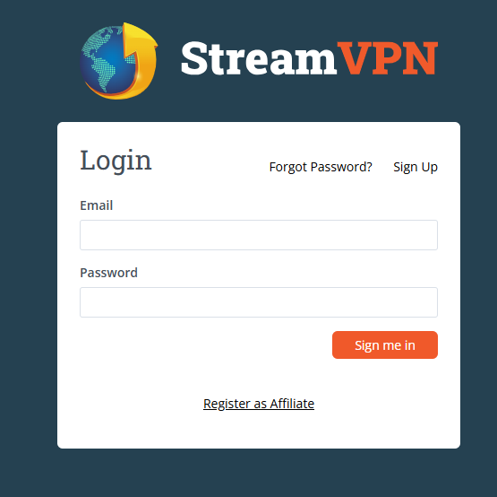 The login page of StreamVPN.