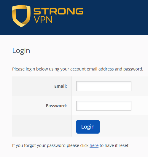 The login page of StrongVPN.