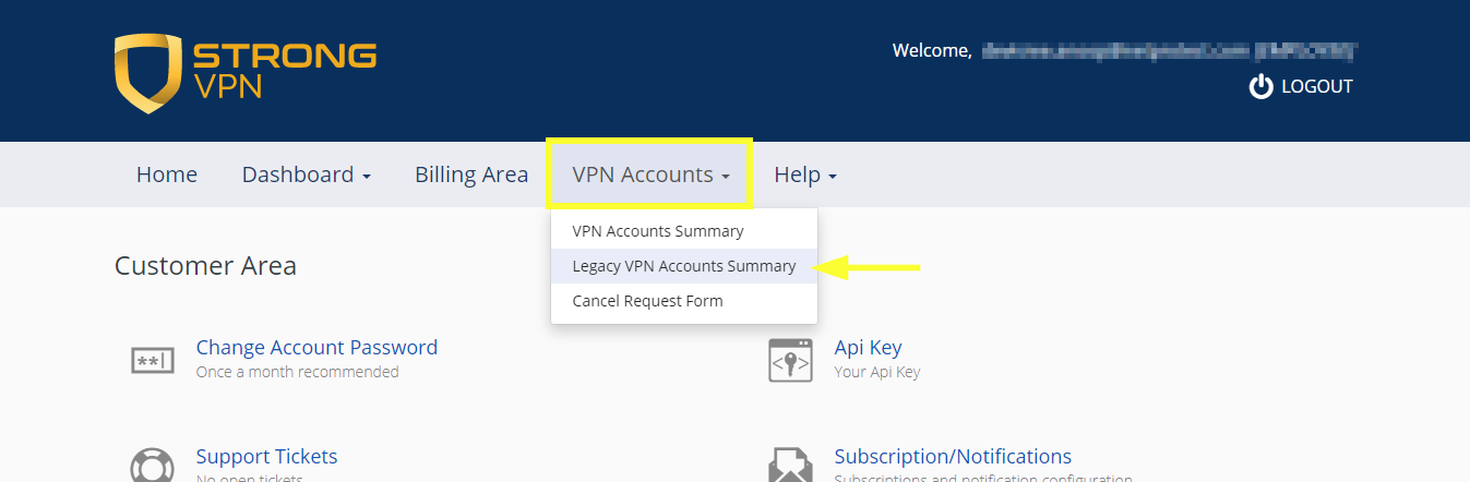 The location of the “Legacy VPN Accounts Summary” option for Strong VPN.