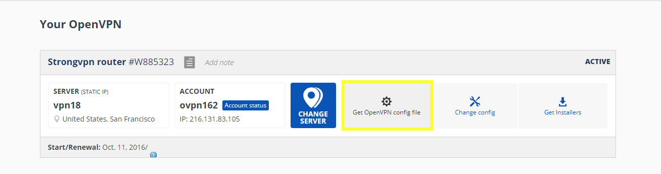 The section of the “Get OpenVPN config file” option for Strong VPN.