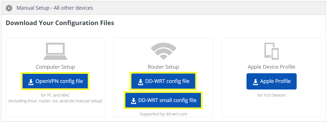The Download configuration section for Strong VPN.