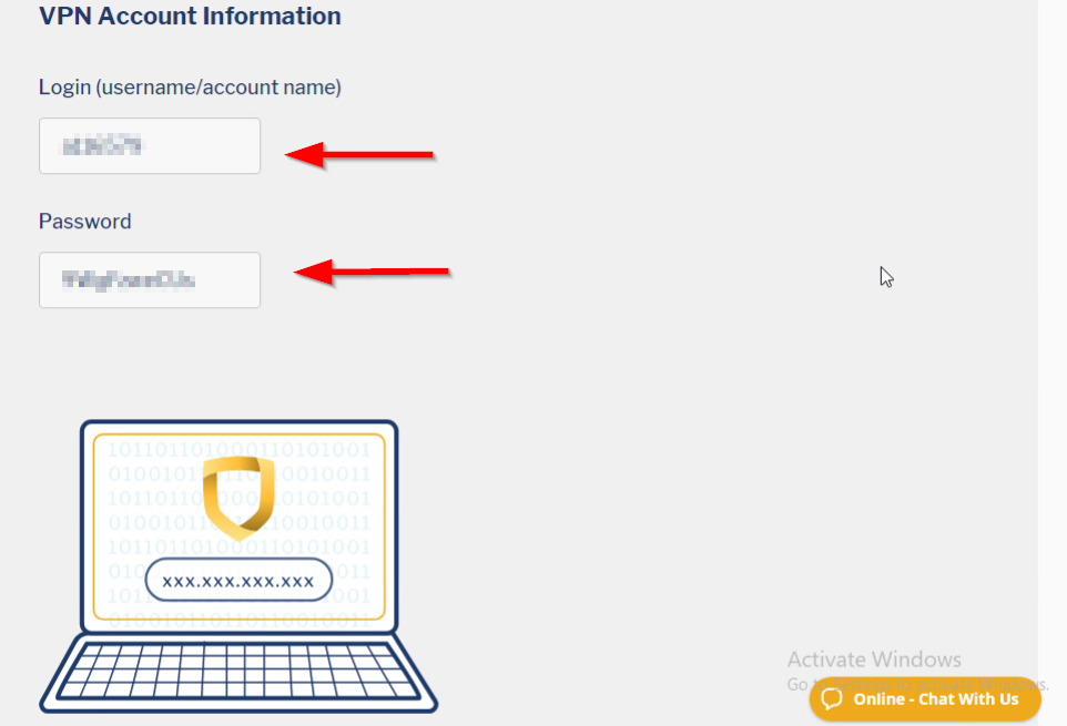 The VPN Account Information page for Strong VPN.