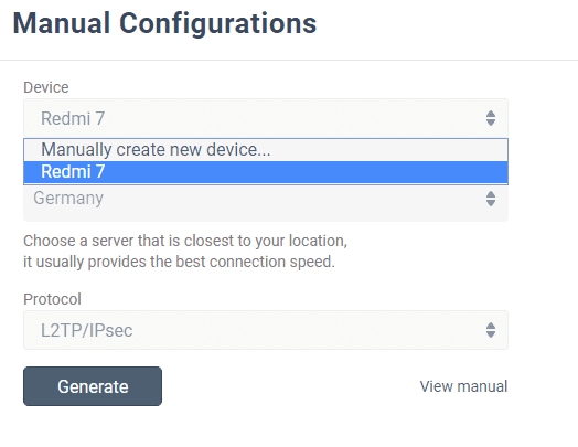 A manual configuration interface for setting up a VPN for VPN Unlimited.