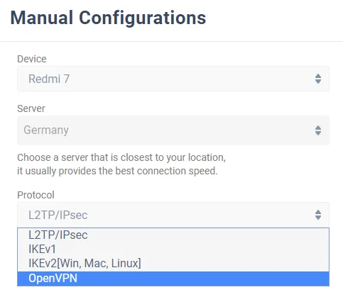 A manual configuration screen for setting up a VPN. It includes Device, Server, Protocol.