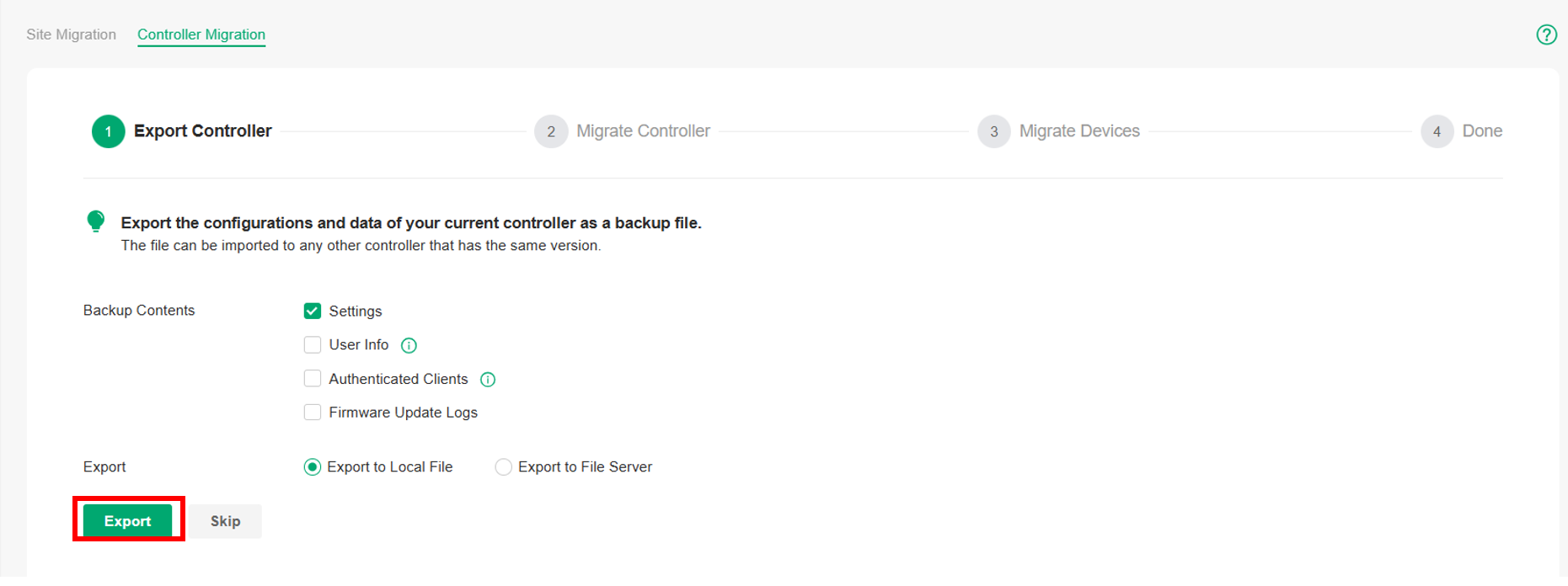 The page where you can export your Controller’s backup file.