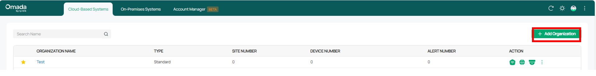 The organization management page on Omada Central.