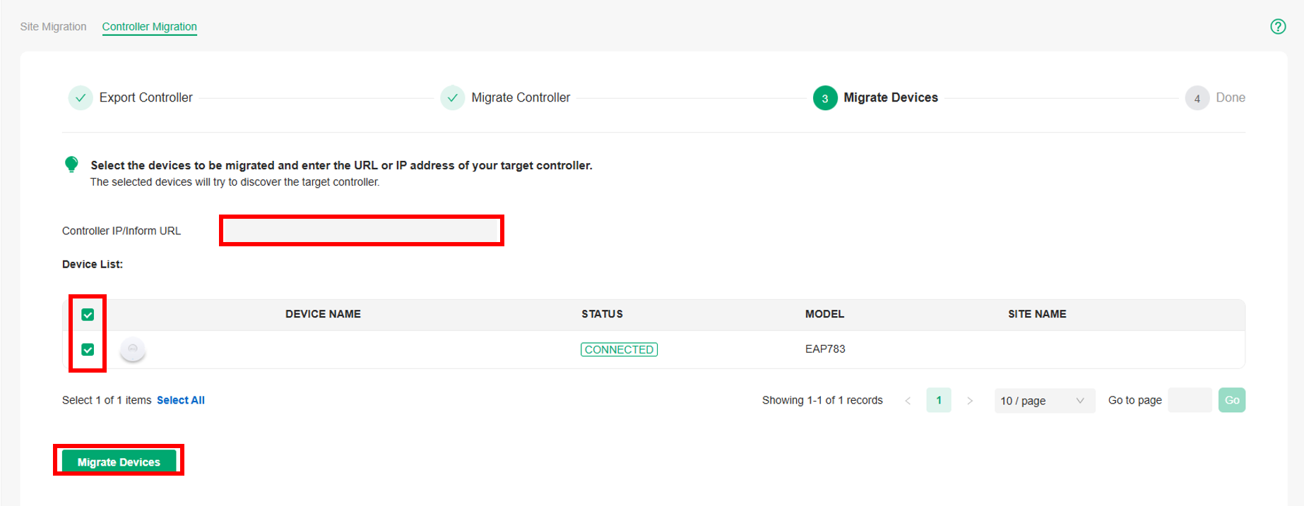 Device migration page in the Controller migration procedure.