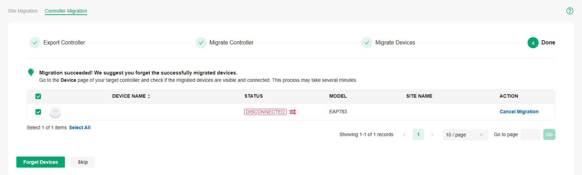 The Done page for the migration function.