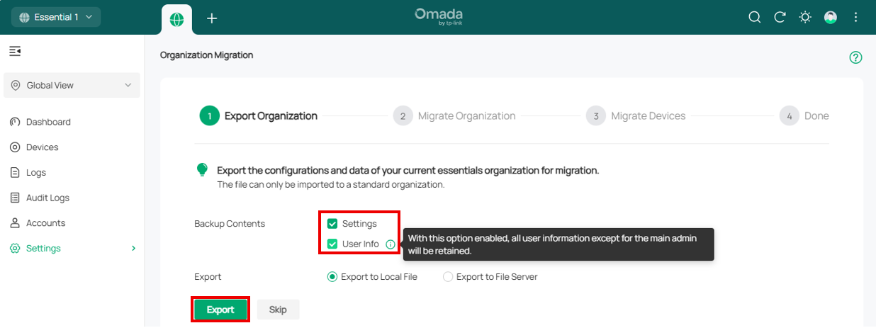 Alt text：Configuration page of Migration, “Backup Content” and “Export path” could be configurated here.